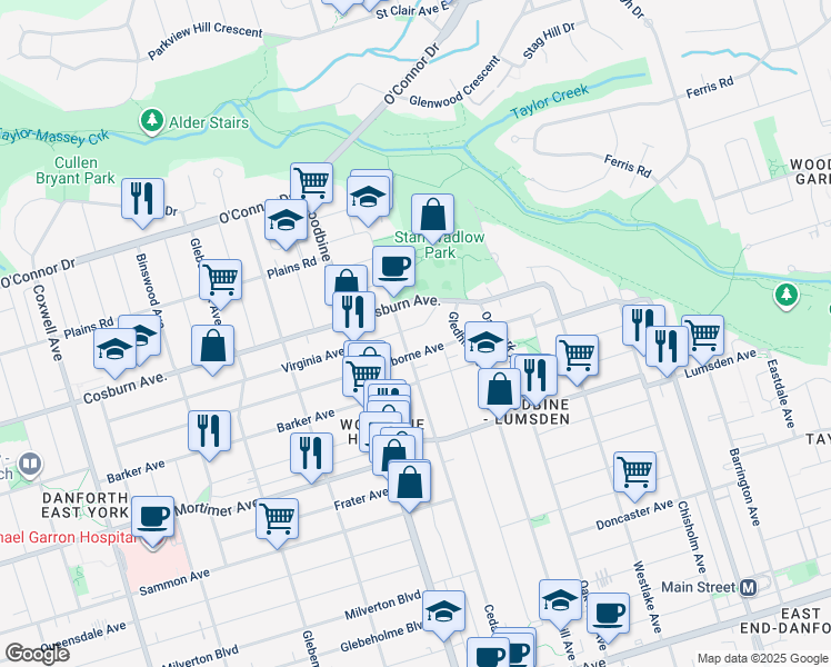 map of restaurants, bars, coffee shops, grocery stores, and more near 203 Virginia Avenue in Toronto
