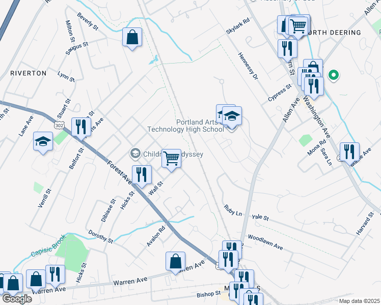map of restaurants, bars, coffee shops, grocery stores, and more near 104 Wall Street in Portland