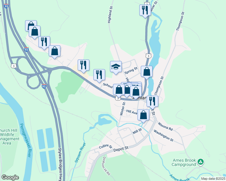 map of restaurants, bars, coffee shops, grocery stores, and more near 22 Spring Street in Ashland