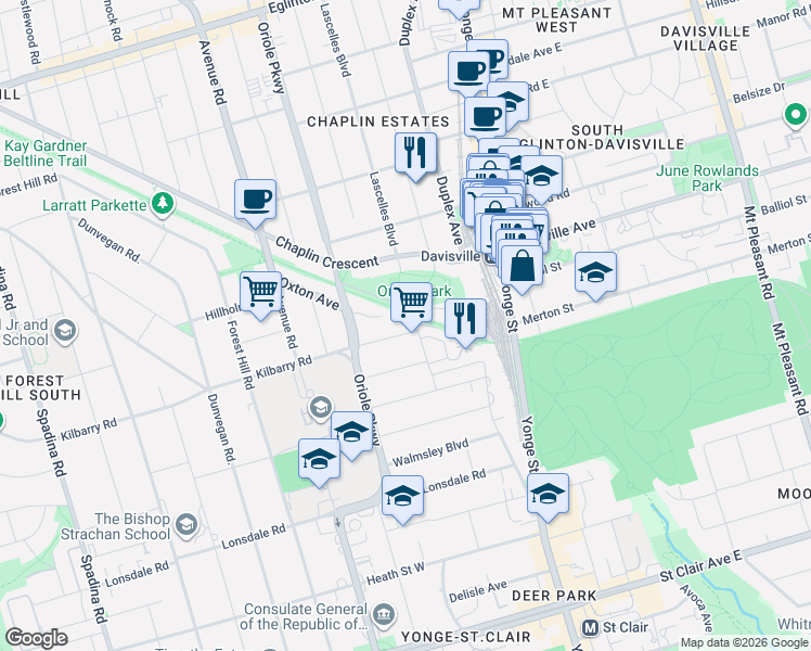 map of restaurants, bars, coffee shops, grocery stores, and more near in Toronto
