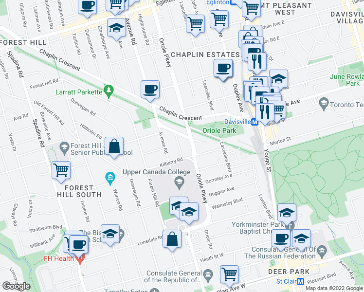 map of restaurants, bars, coffee shops, grocery stores, and more near in Toronto