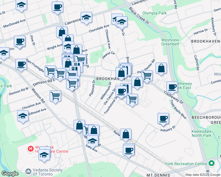 map of restaurants, bars, coffee shops, grocery stores, and more near 75 Millennium Drive in Toronto