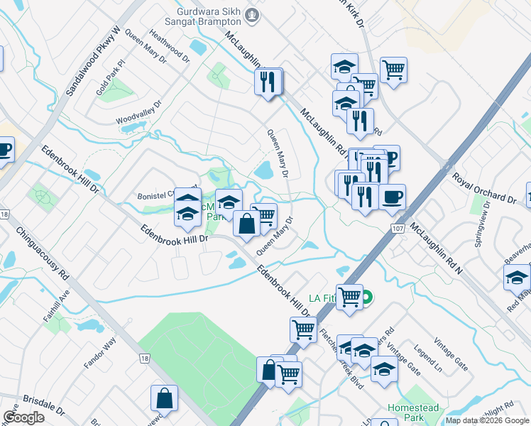 map of restaurants, bars, coffee shops, grocery stores, and more near 44 Briarcroft Road in Brampton