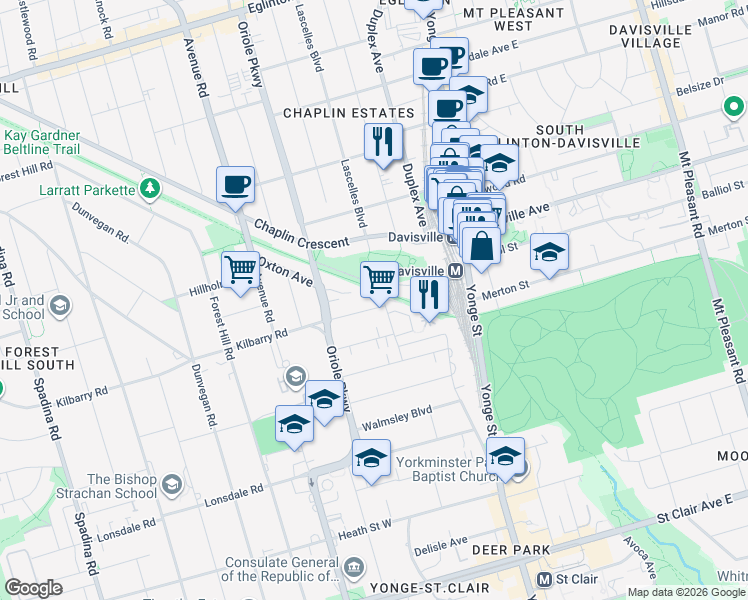 map of restaurants, bars, coffee shops, grocery stores, and more near in Toronto