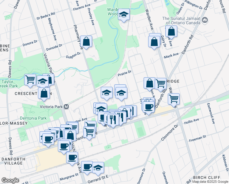 map of restaurants, bars, coffee shops, grocery stores, and more near 129 August Avenue in Toronto