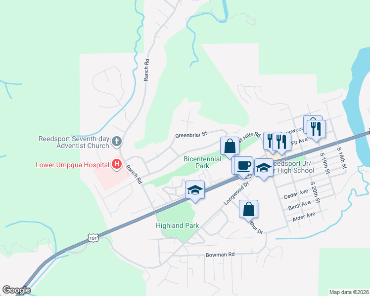 map of restaurants, bars, coffee shops, grocery stores, and more near 2940 Ridgeway Drive in Reedsport