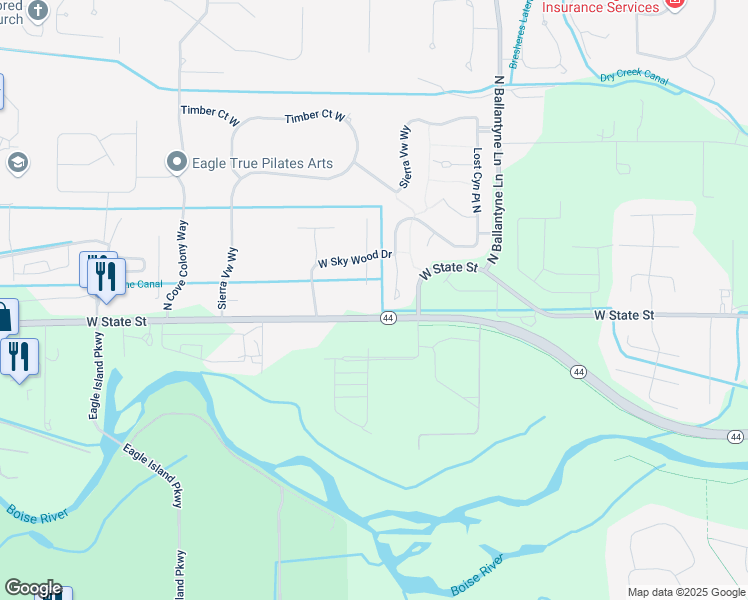 map of restaurants, bars, coffee shops, grocery stores, and more near 2500 West State Street in Eagle