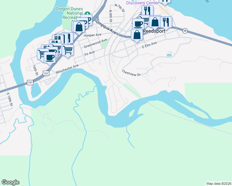 map of restaurants, bars, coffee shops, grocery stores, and more near 100 River Bend Road in Reedsport