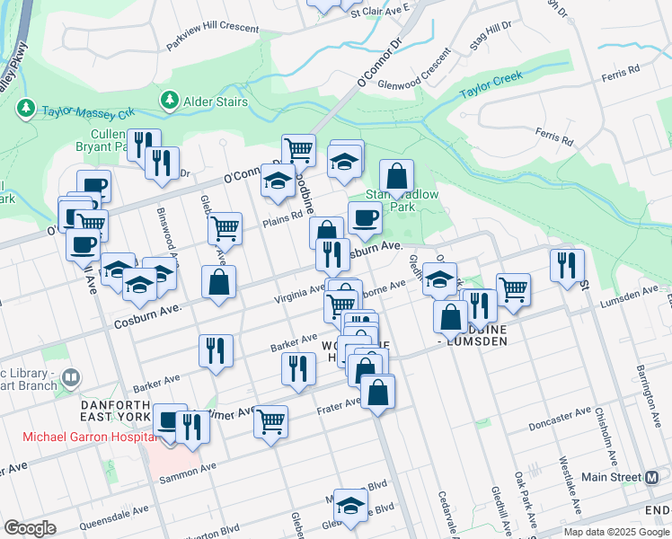 map of restaurants, bars, coffee shops, grocery stores, and more near 1339 Woodbine Avenue in Toronto