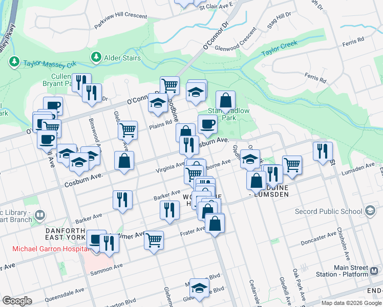 map of restaurants, bars, coffee shops, grocery stores, and more near 1339 Woodbine Avenue in Toronto