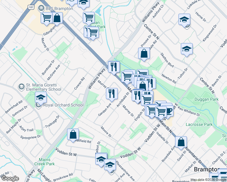 map of restaurants, bars, coffee shops, grocery stores, and more near 108 Murray Street in Brampton
