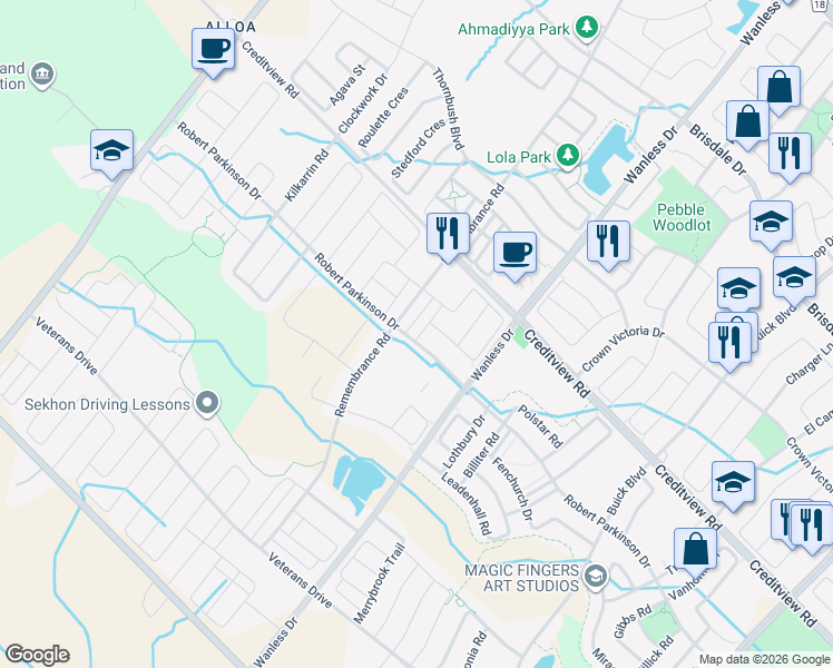 map of restaurants, bars, coffee shops, grocery stores, and more near 4 Primo Road in Brampton