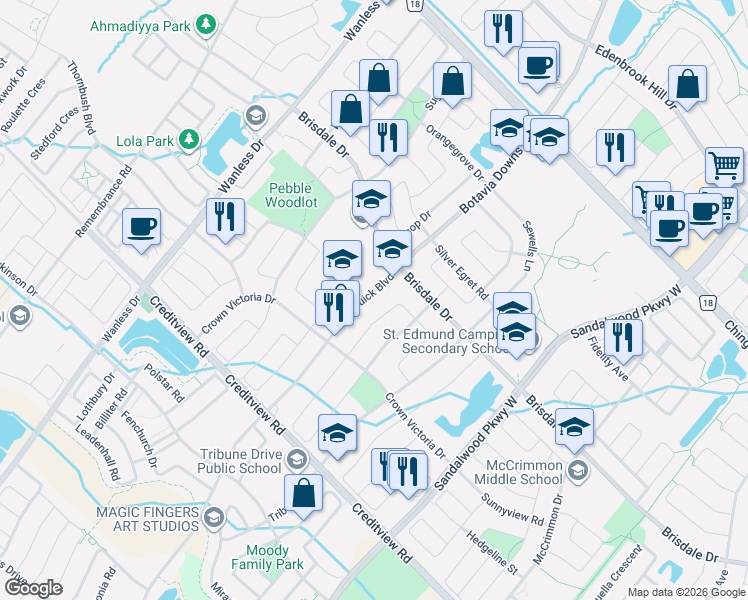 map of restaurants, bars, coffee shops, grocery stores, and more near 23 Buick Boulevard in Brampton