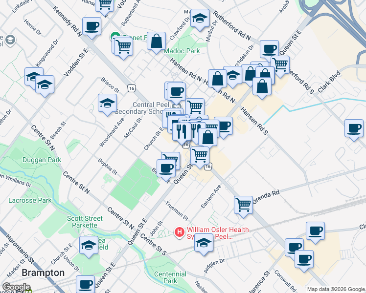 map of restaurants, bars, coffee shops, grocery stores, and more near 33 Kennedy Road North in Brampton