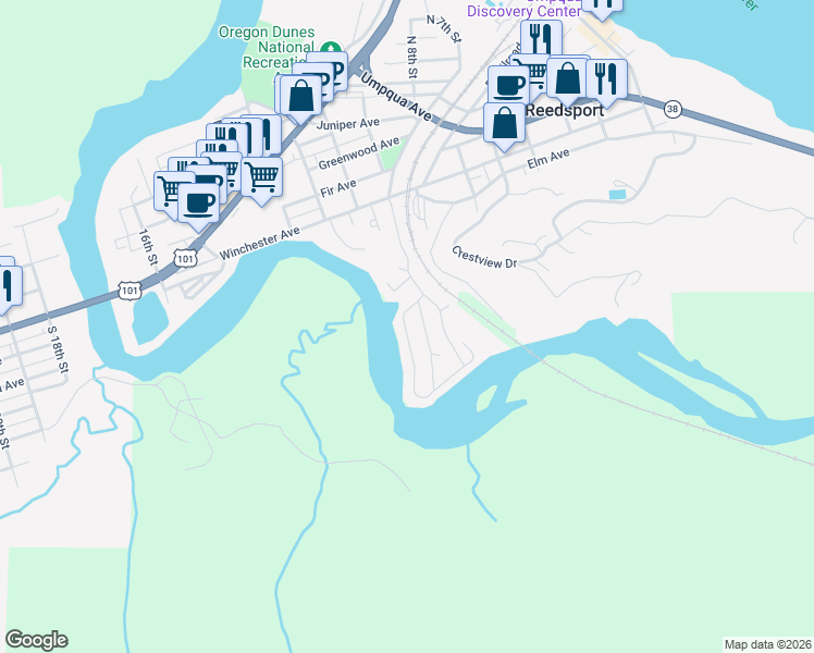 map of restaurants, bars, coffee shops, grocery stores, and more near 96 River Bend Road in Reedsport