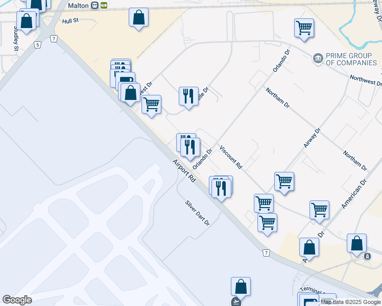map of restaurants, bars, coffee shops, grocery stores, and more near 3035 Orlando Drive in Mississauga