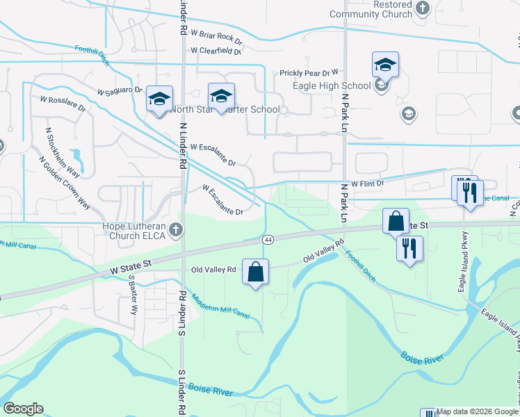 map of restaurants, bars, coffee shops, grocery stores, and more near 68 North Salina Avenue in Eagle