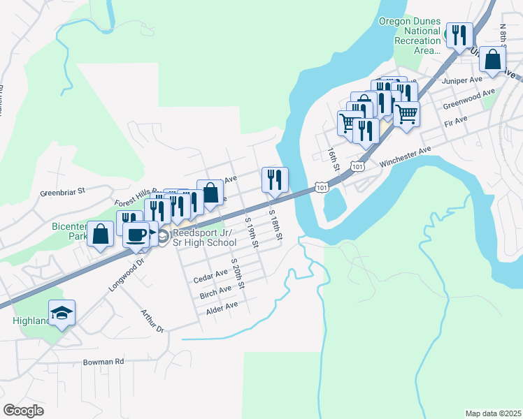 map of restaurants, bars, coffee shops, grocery stores, and more near 1815 Oregon Coast Highway in Reedsport