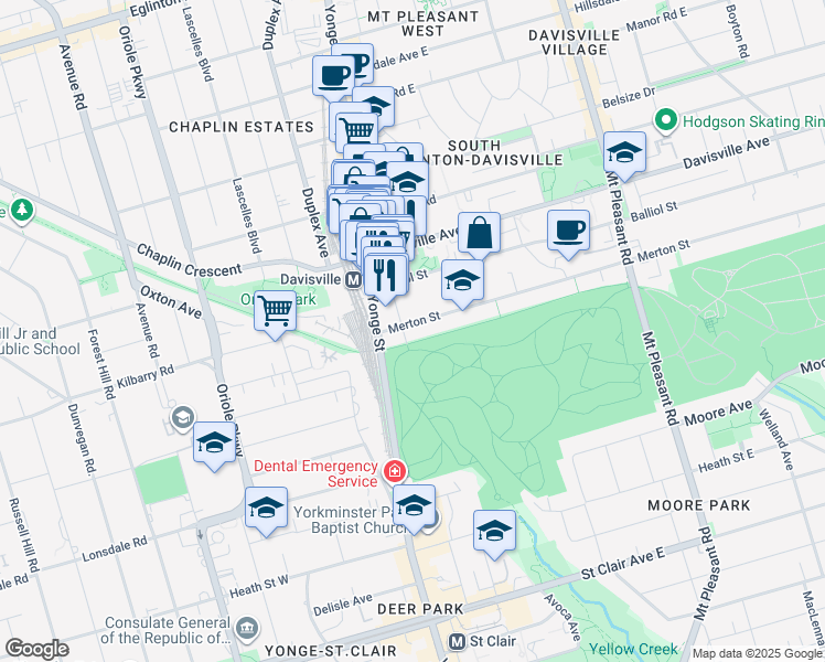 map of restaurants, bars, coffee shops, grocery stores, and more near 22-30 Merton Street in Toronto