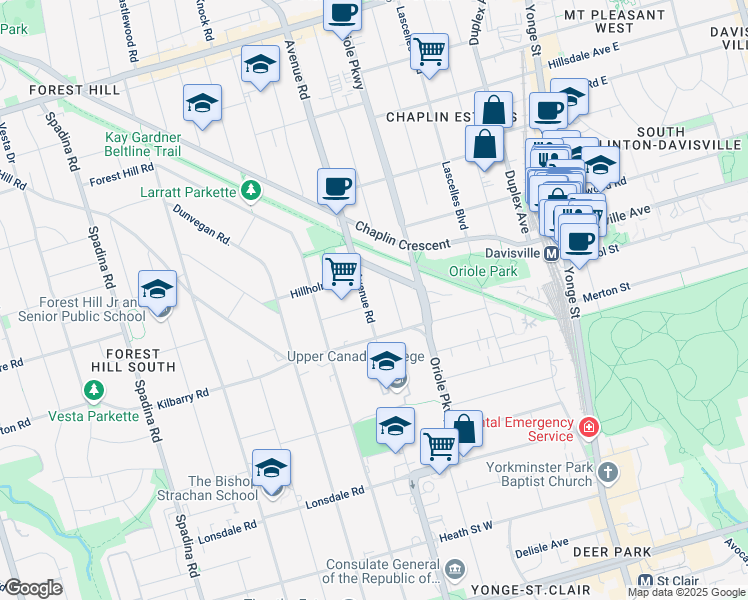 map of restaurants, bars, coffee shops, grocery stores, and more near in Toronto