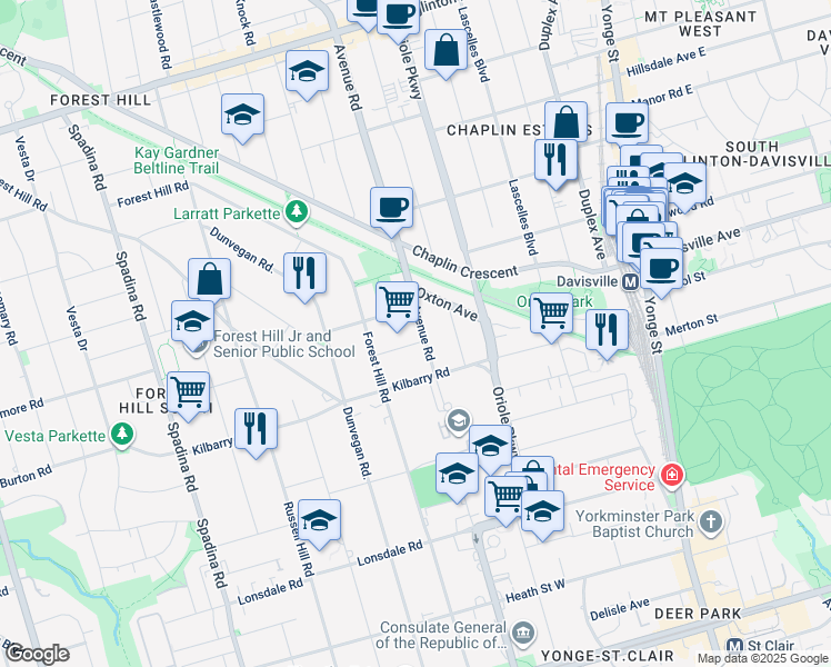 map of restaurants, bars, coffee shops, grocery stores, and more near in Toronto