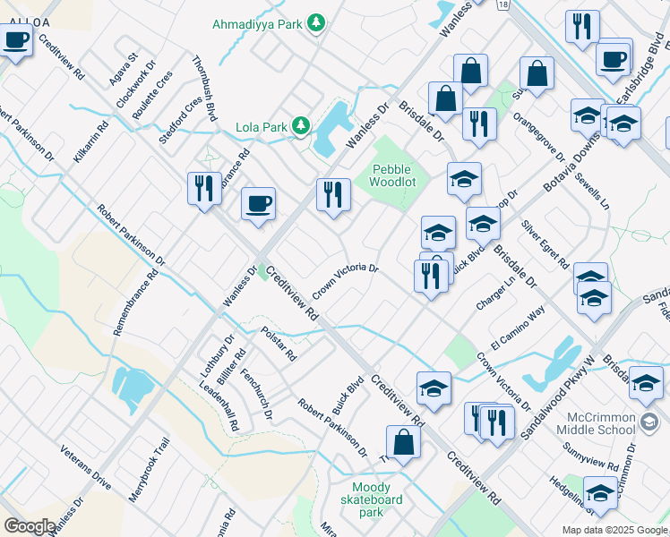 map of restaurants, bars, coffee shops, grocery stores, and more near 2 Thornbush Boulevard in Brampton
