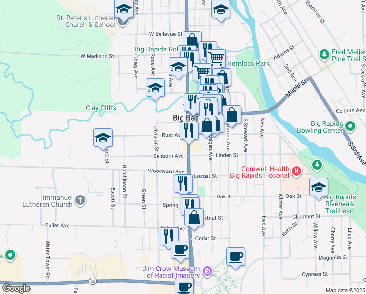 map of restaurants, bars, coffee shops, grocery stores, and more near 115 Rust Avenue in Big Rapids