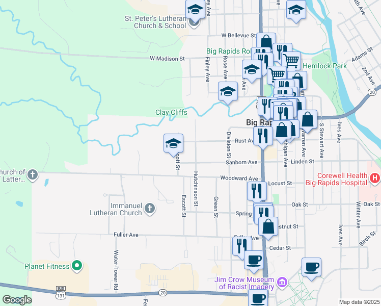 map of restaurants, bars, coffee shops, grocery stores, and more near 425 Rust Avenue in Big Rapids