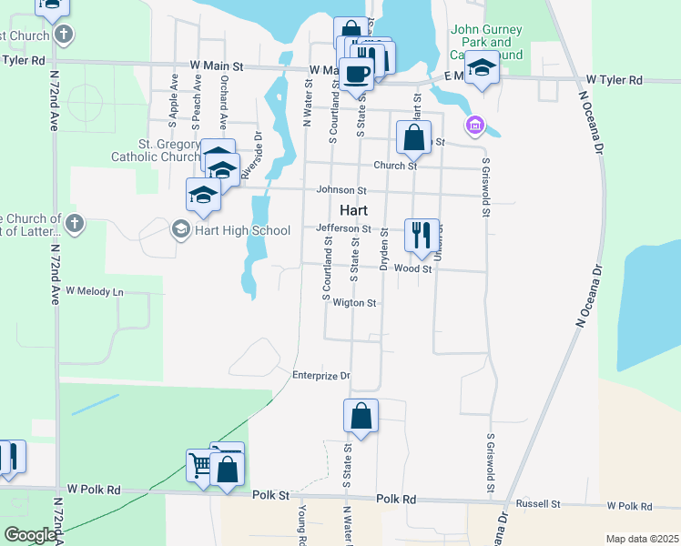 map of restaurants, bars, coffee shops, grocery stores, and more near 603 South State Street in Hart