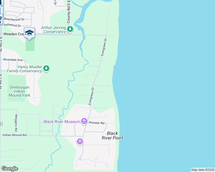 map of restaurants, bars, coffee shops, grocery stores, and more near 216 Juniper Drive in Sheboygan