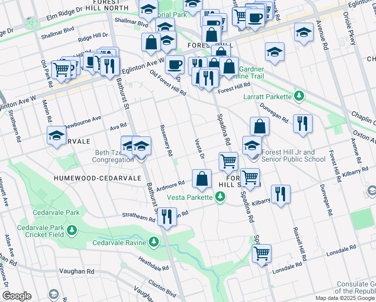 map of restaurants, bars, coffee shops, grocery stores, and more near 40 Elderwood Drive in Toronto