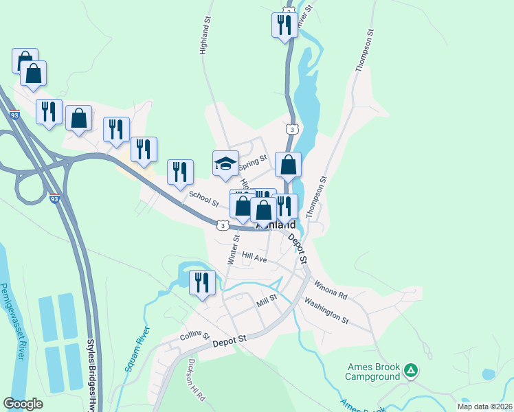map of restaurants, bars, coffee shops, grocery stores, and more near 3 School Street in Ashland