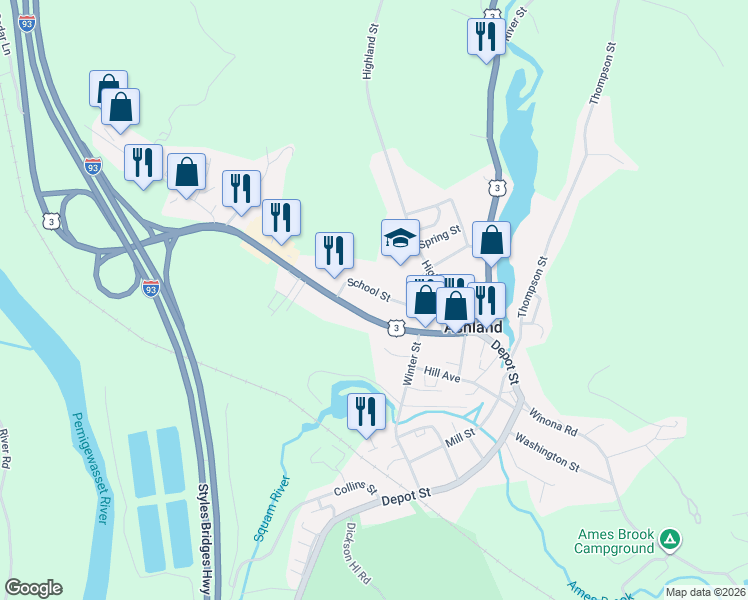 map of restaurants, bars, coffee shops, grocery stores, and more near 22 Spring Street in Ashland
