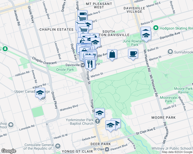 map of restaurants, bars, coffee shops, grocery stores, and more near in Toronto