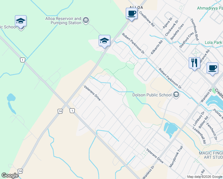 map of restaurants, bars, coffee shops, grocery stores, and more near 38 Ezra Cres in Brampton
