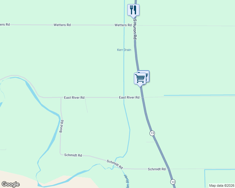 map of restaurants, bars, coffee shops, grocery stores, and more near 1943 East River Road in Kawkawlin