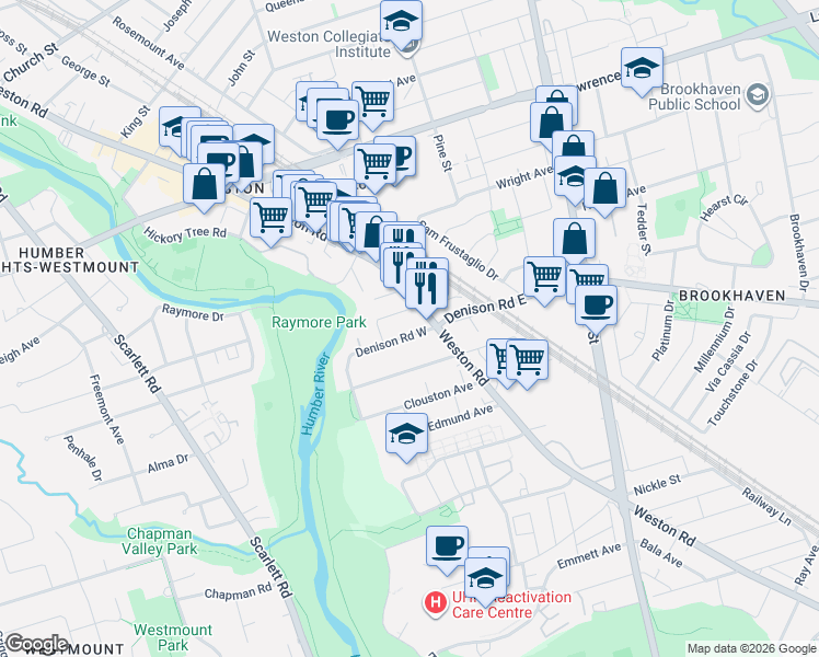 map of restaurants, bars, coffee shops, grocery stores, and more near 8 Denison Road West in Toronto