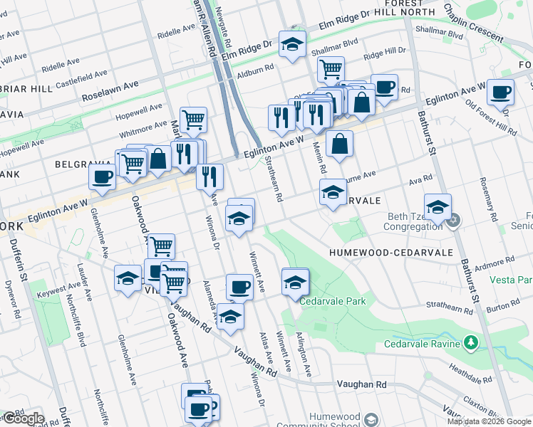 map of restaurants, bars, coffee shops, grocery stores, and more near 107 Everden Road in Toronto
