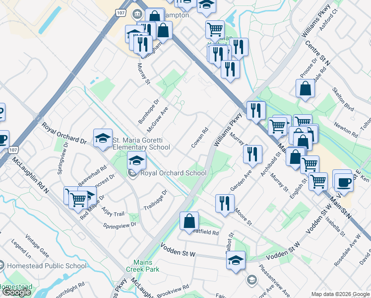 map of restaurants, bars, coffee shops, grocery stores, and more near 52 Cowan Road in Brampton