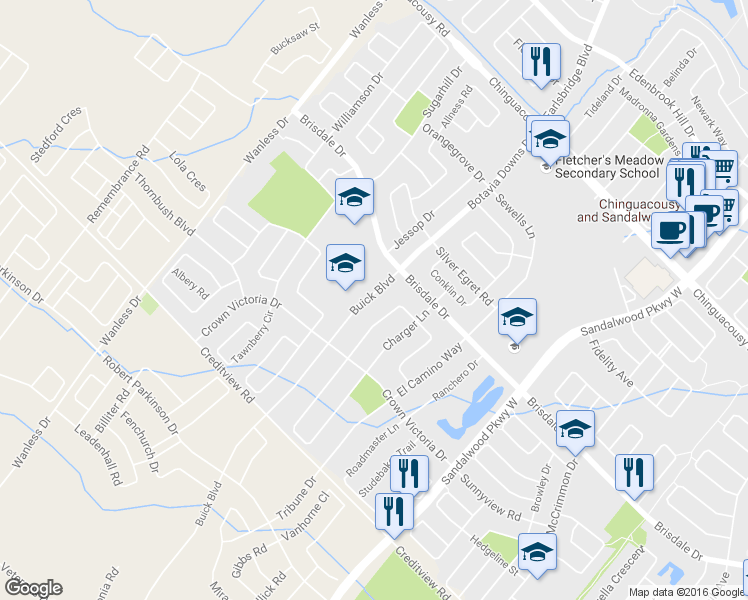 map of restaurants, bars, coffee shops, grocery stores, and more near 23 Buick Boulevard in Brampton