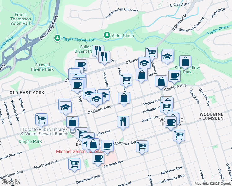 map of restaurants, bars, coffee shops, grocery stores, and more near 18 Roblin Avenue in Toronto