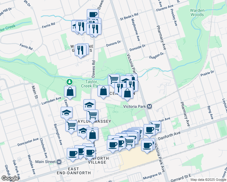 map of restaurants, bars, coffee shops, grocery stores, and more near 1 Massey Square in Toronto