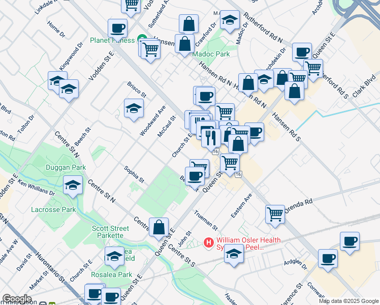 map of restaurants, bars, coffee shops, grocery stores, and more near 26 June Avenue in Brampton