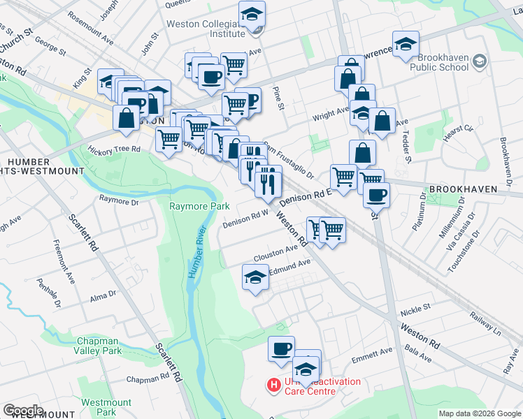 map of restaurants, bars, coffee shops, grocery stores, and more near 8 Denison Road West in Toronto