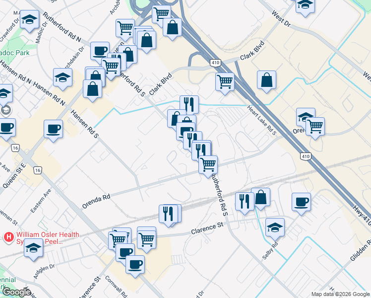 map of restaurants, bars, coffee shops, grocery stores, and more near 55 Rutherford Road South in Brampton