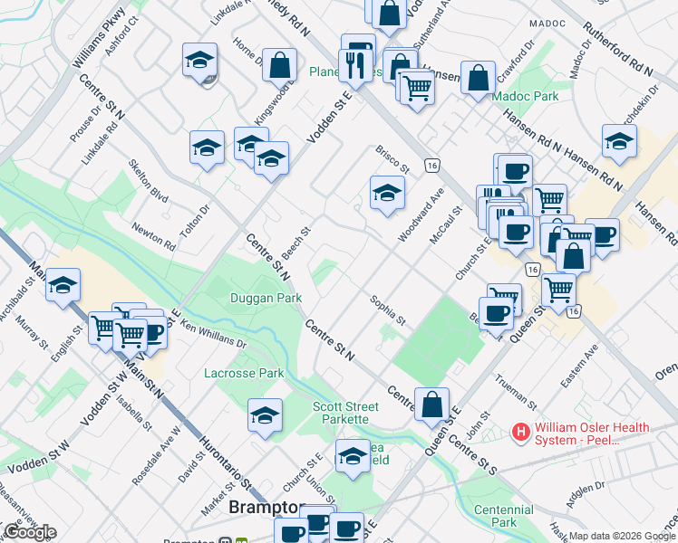 map of restaurants, bars, coffee shops, grocery stores, and more near 30 Salisbury Circle in Brampton