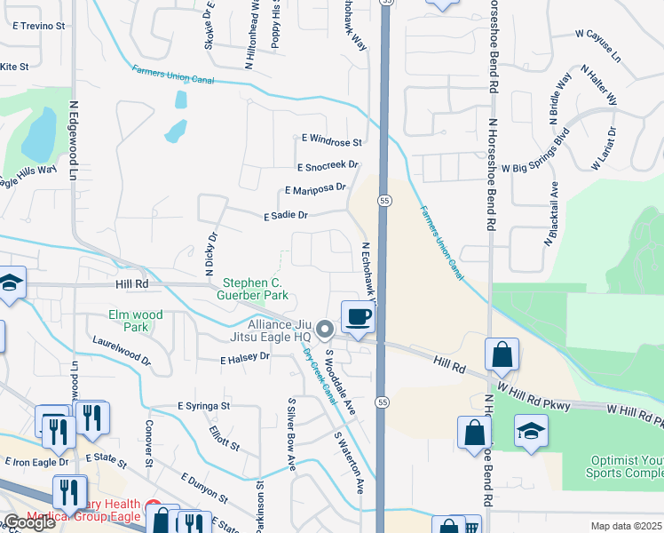 map of restaurants, bars, coffee shops, grocery stores, and more near 2592 East Blackstone Drive in Eagle