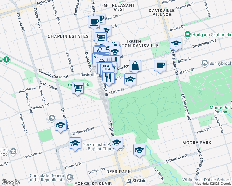 map of restaurants, bars, coffee shops, grocery stores, and more near 35 Merton Street in Toronto