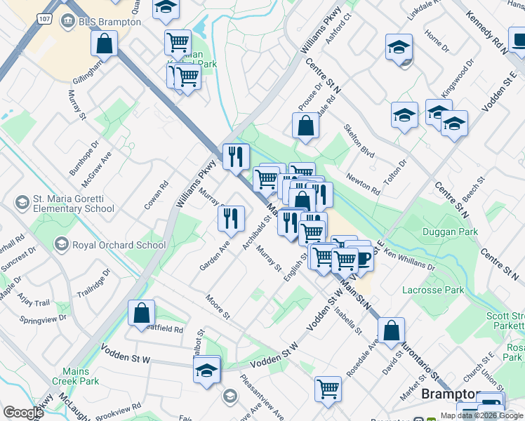 map of restaurants, bars, coffee shops, grocery stores, and more near 425 Main Street North in Brampton