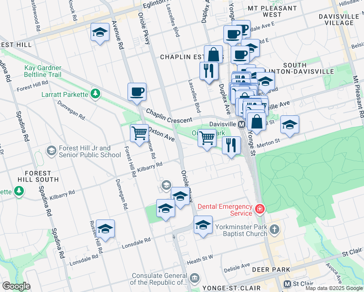 map of restaurants, bars, coffee shops, grocery stores, and more near 97 Oriole Parkway in Toronto